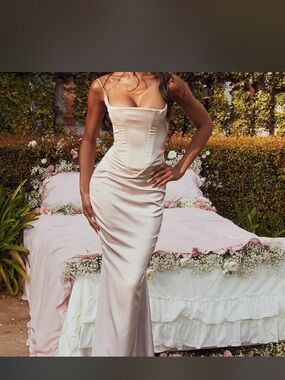 House of CB Beige Satin Corset Maxi Dress